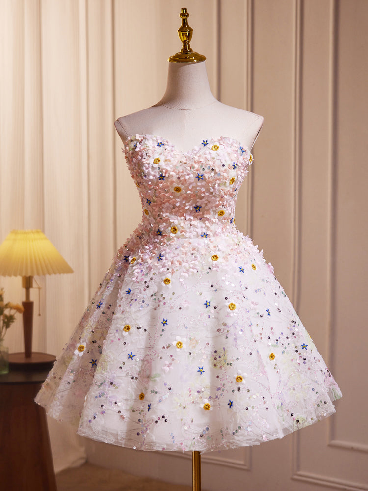 A-Line Cute Sweetheart Neck Flower Short Prom Dress, Flower Sequin Homecoming Dress