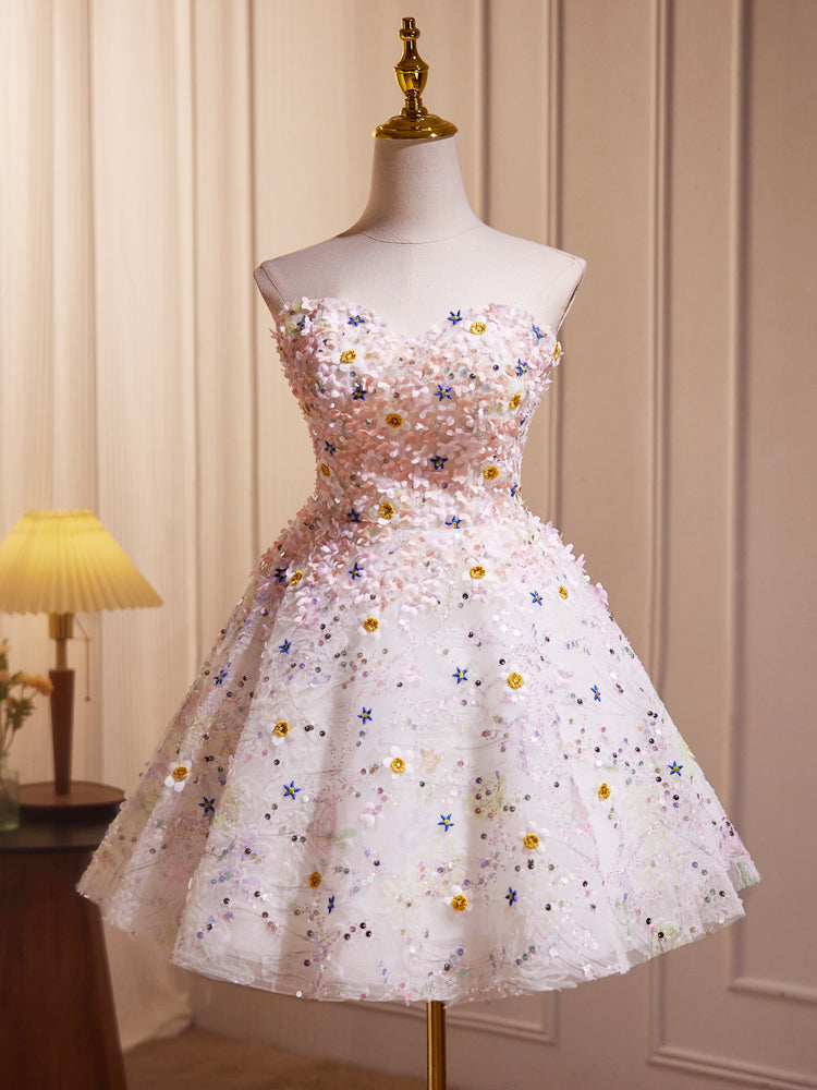A-Line Cute Sweetheart Neck Flower Short Prom Dress, Flower Sequin Hom – toptby