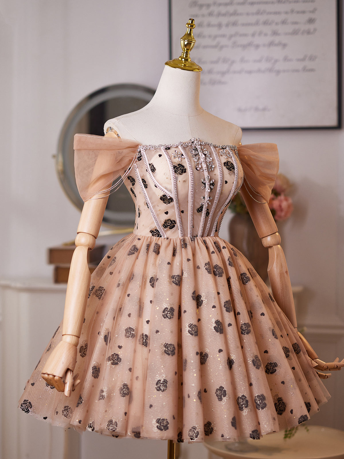 A-Line Off Shoulder Beads Champagne Short Prom Dress, Champagne Homecoming Dress