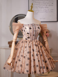 A-Line Off Shoulder Beads Champagne Short Prom Dress, Champagne Homecoming Dress