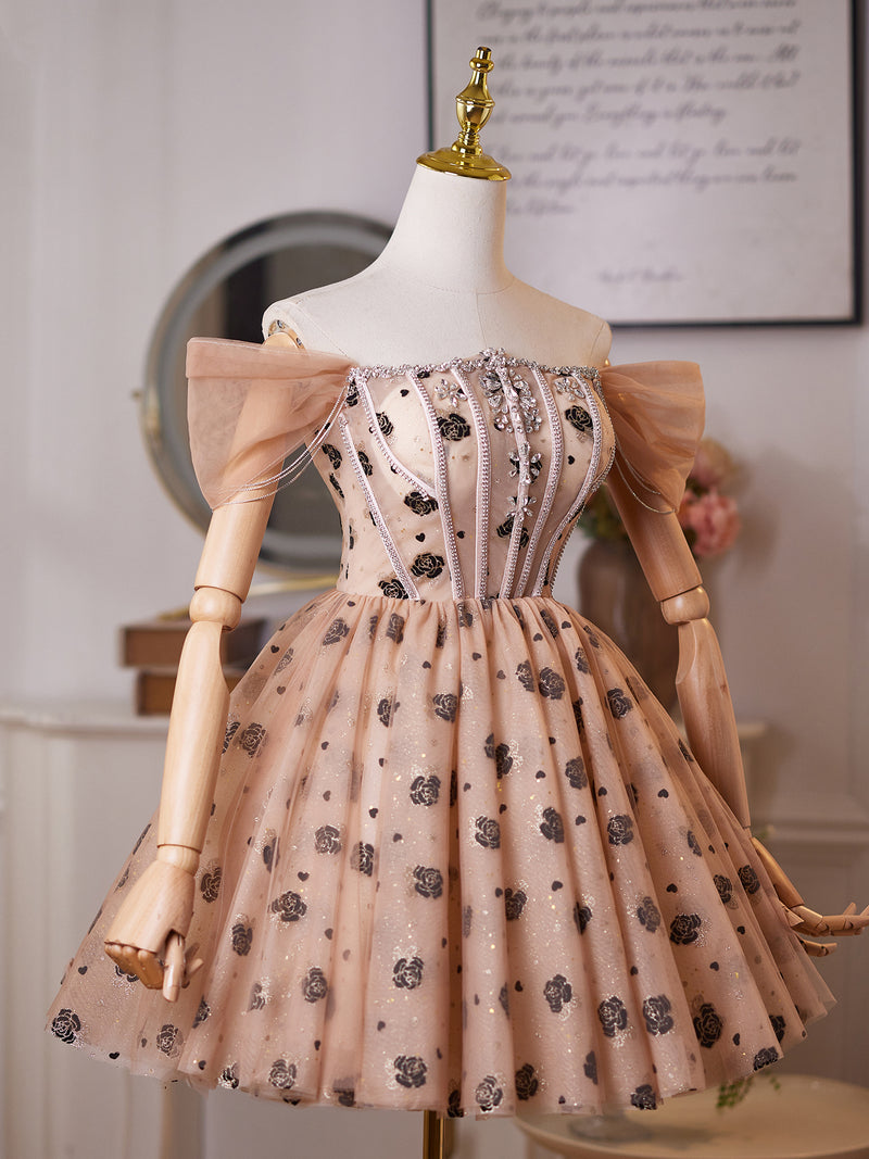 A-Line Off Shoulder Beads Champagne Short Prom Dress, Champagne Homecoming Dress