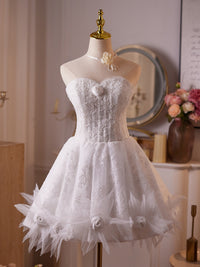 White Sweetheart Neck Lace Short Prom Dress, White Homecoming Dress