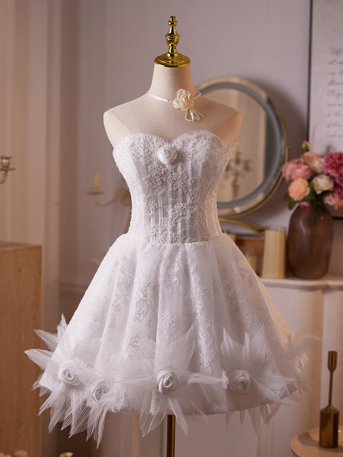 White Sweetheart Neck Lace Short Prom Dress, White Homecoming Dress