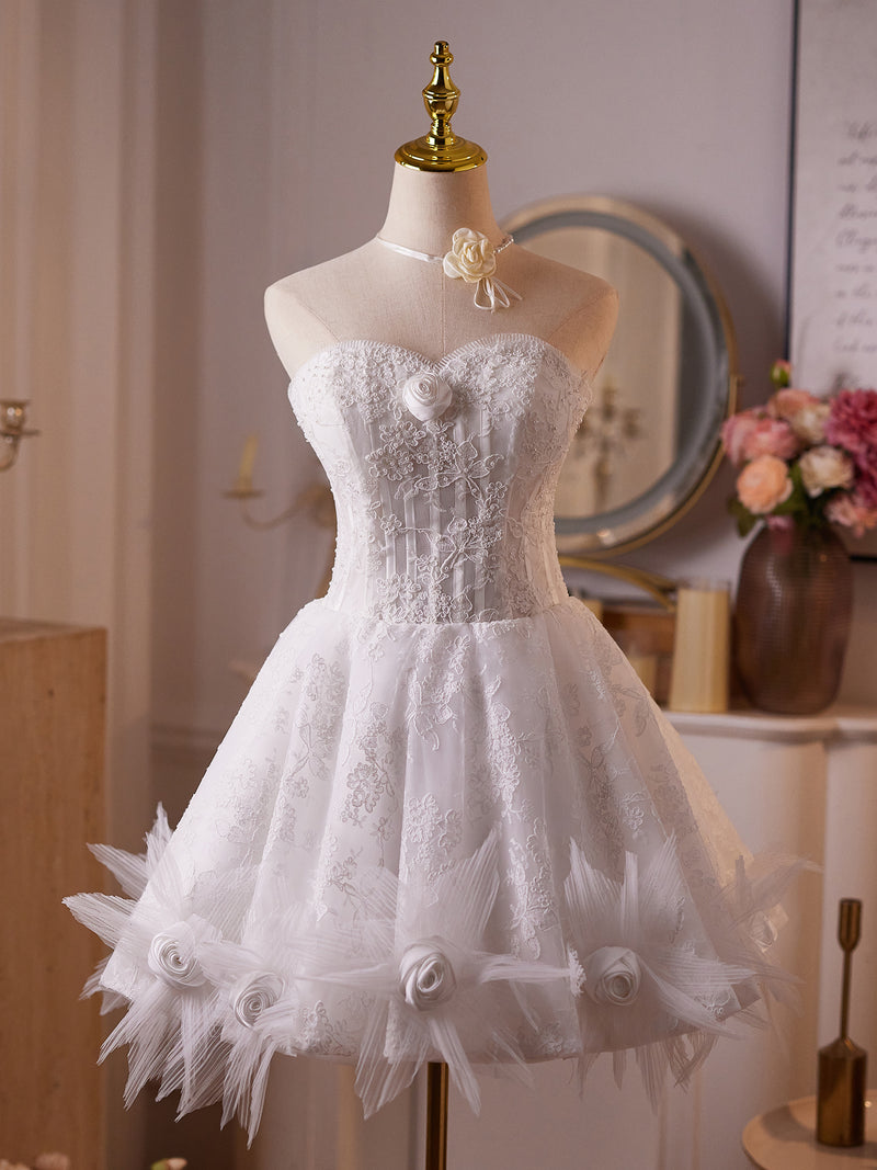 White Sweetheart Neck Lace Short Prom Dress, White Homecoming Dress