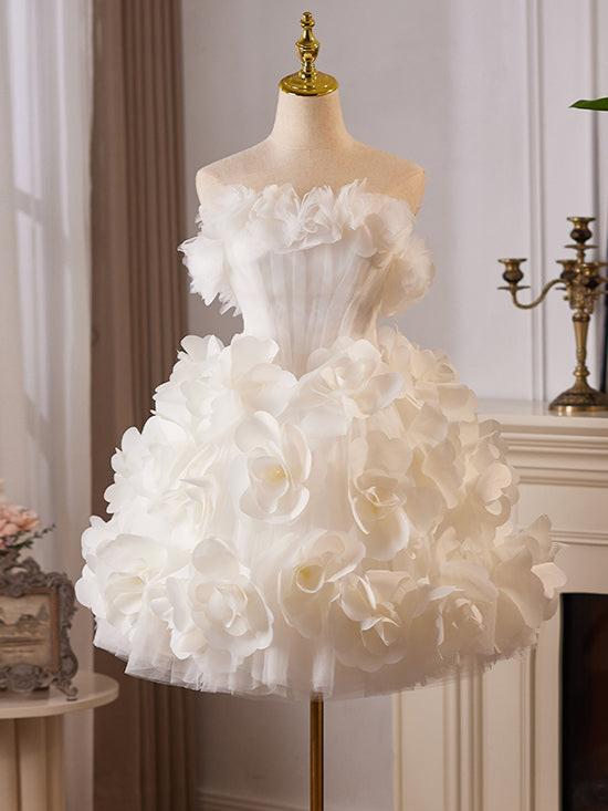 White Tulle Flower Ball Gown Short Prom Dress, Cute Sweet 16 Dress toptby White Tulle Flower Ball Gown Short Prom Dress, Cute Sweet 16 Dress toptby