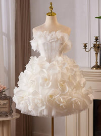 White Tulle Flower Ball Gown Short Prom Dress, Cute Sweet 16 Dress