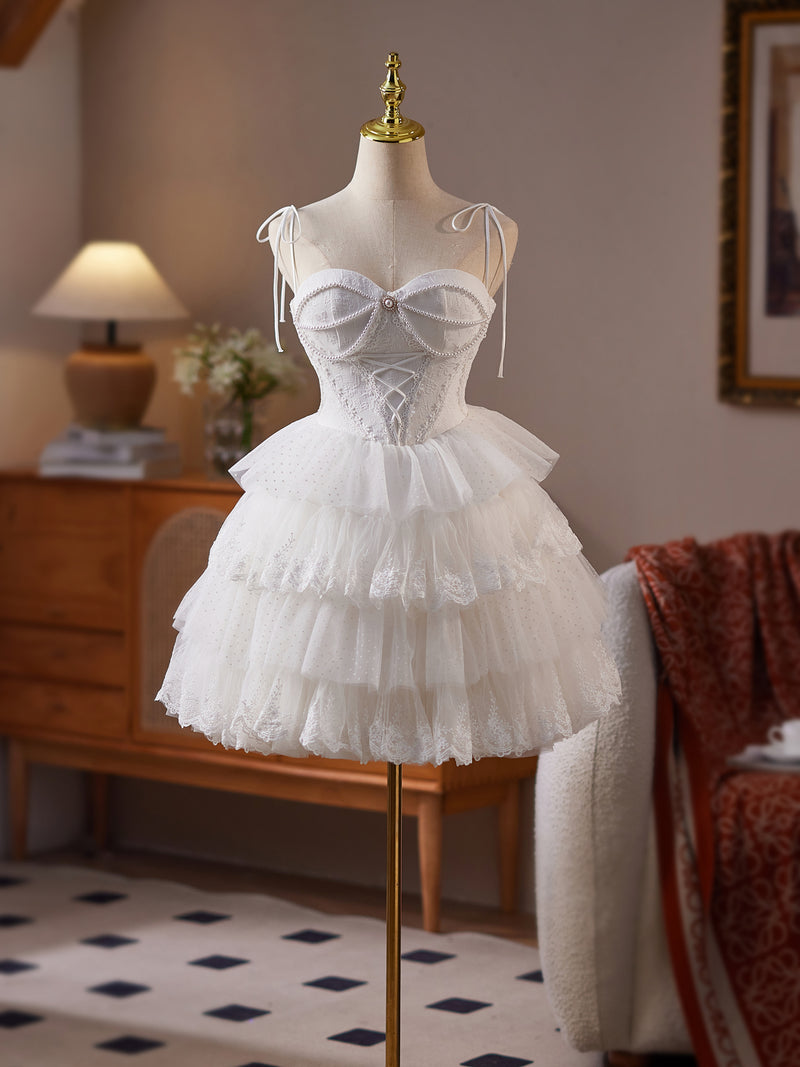 A-Line Sweetheart Neck Tulle Lace White Short Prom Dress