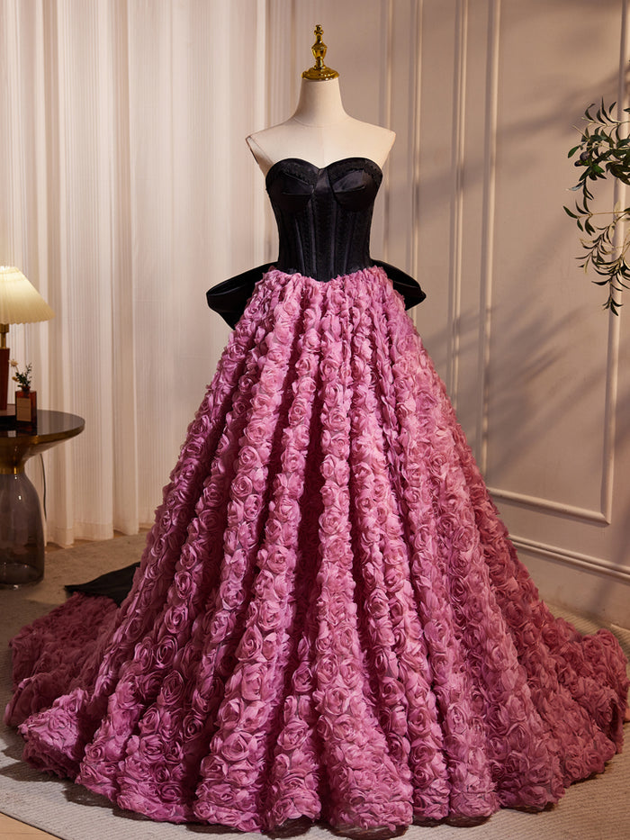 A-Line  Sweetheart Neck 3D Flower Pink Long Prom Dress, Pink Long Formal Dress