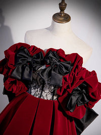 A-Line Off Shoulder Velvet Lace Burgundy Long Prom Dress, Burgundy Long Formal Dress