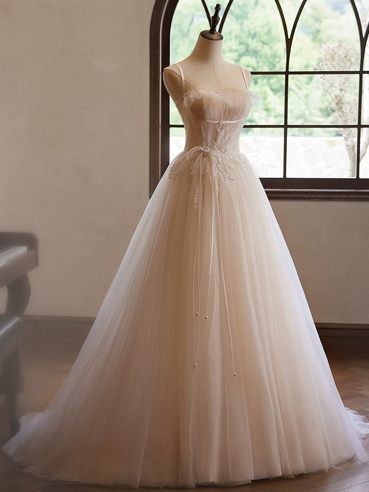 A-Line Sweetheart Neck Tulle Champagne Long Prom Dress With Lace