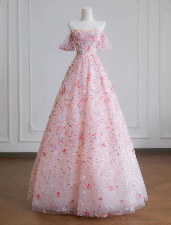 A-Line Off Shoulder Tulle Sequin Pink Long Prom Dress, Pink Long Evening Dress