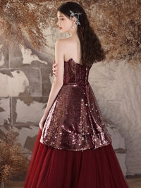 A-Line Tulle Sequin Burgundy Long Prom Dress, Burgundy Long Evening Dress
