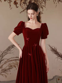 A-Line Short Sleeve Velvet Burgundy Long Prom Dress, Burgundy Long Evening Dress