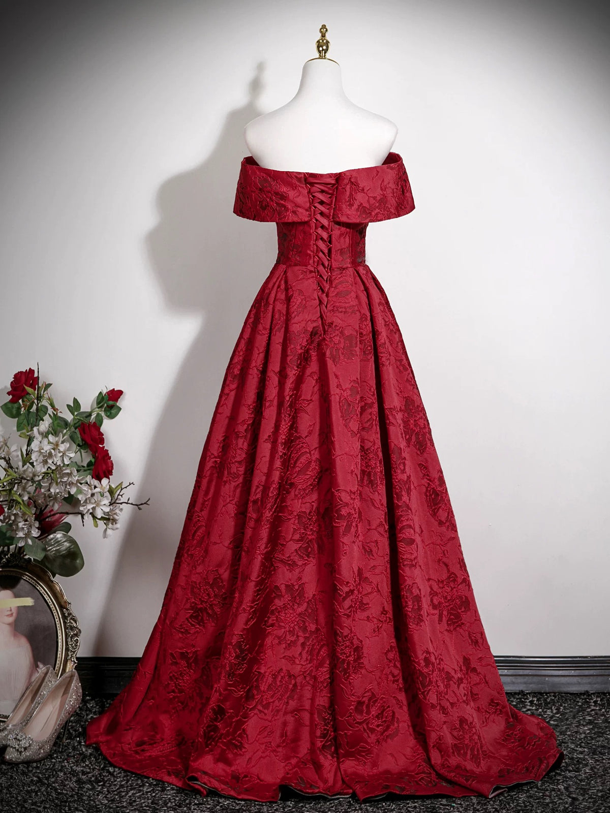 A-Line Off Shoulder Satin Dark Red Long Prom Dress, Dark Red Long Evening Dress