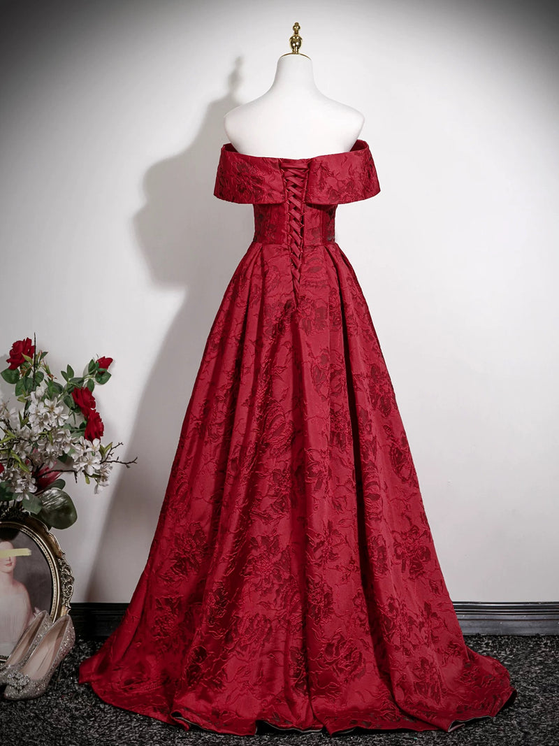 A-Line Off Shoulder Satin Dark Red Long Prom Dress, Dark Red Long Evening Dress