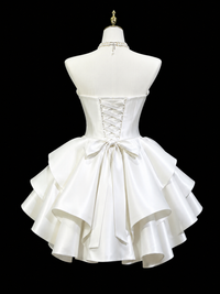 Unique Satin White Short Prom Dress with Beads