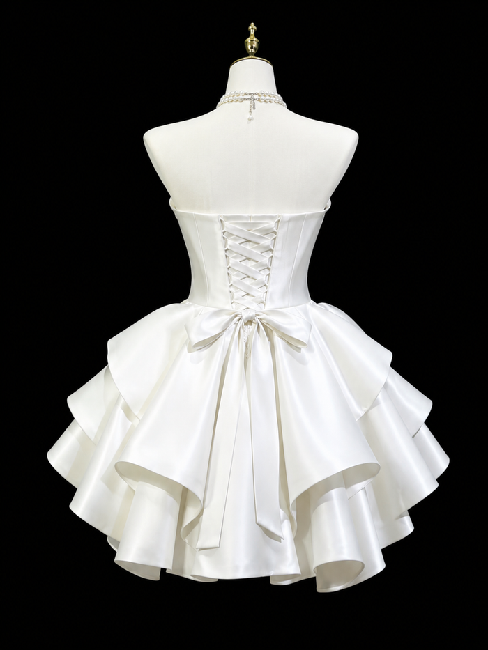 Unique Satin White Short Prom Dress with Beads