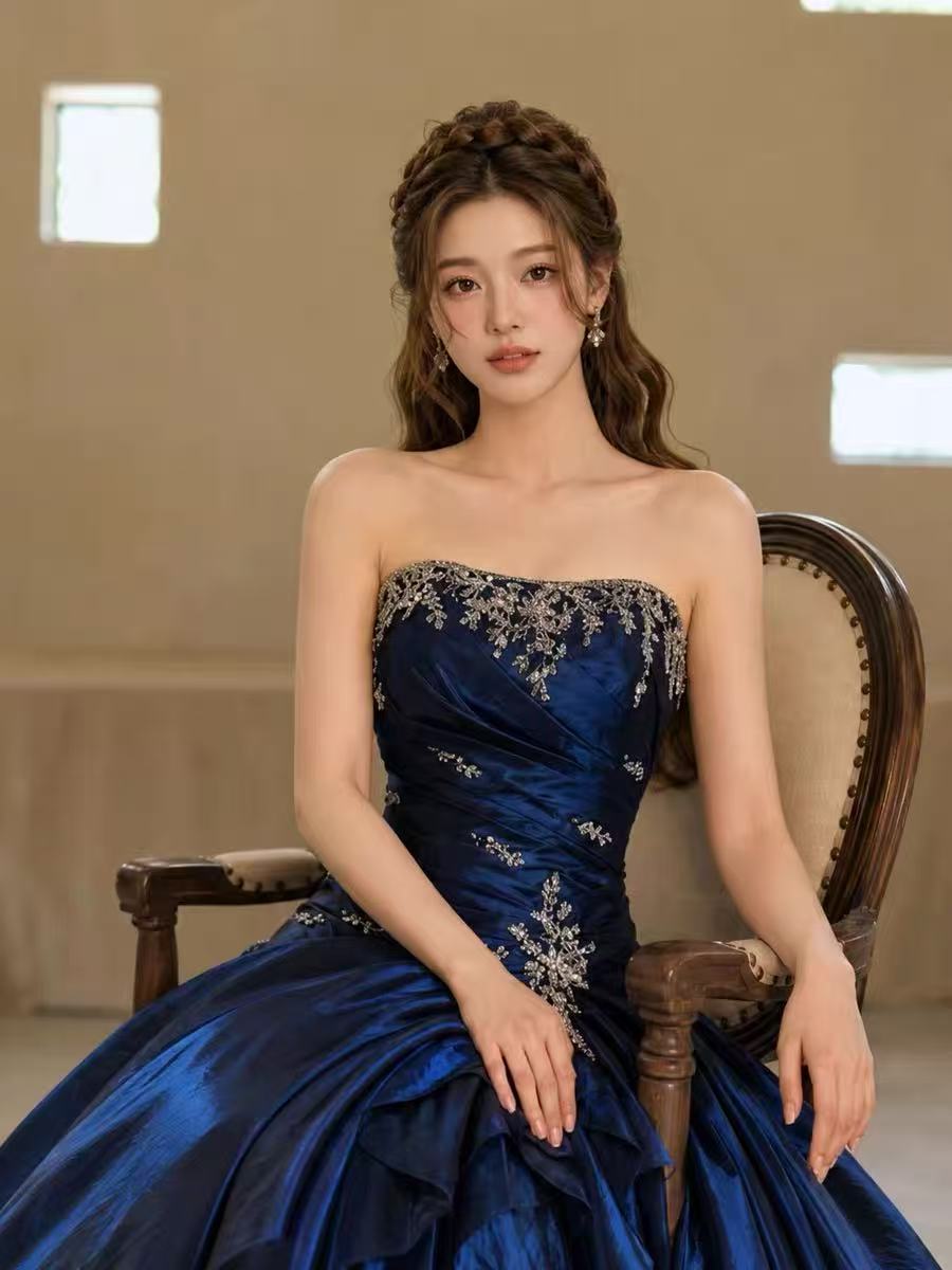 A-line Satin Blue Long Prom Dress, Blue Long Evening Dress with Lace Sequin