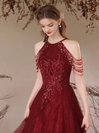 A-Line Tulle Sequin Beads Burgundy Long Prom Dress, Burgundy Long Evening Dress