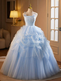 A-Line Tulle Lace Blue Long Prom Dress, Blue Long Sweet 16 Dress