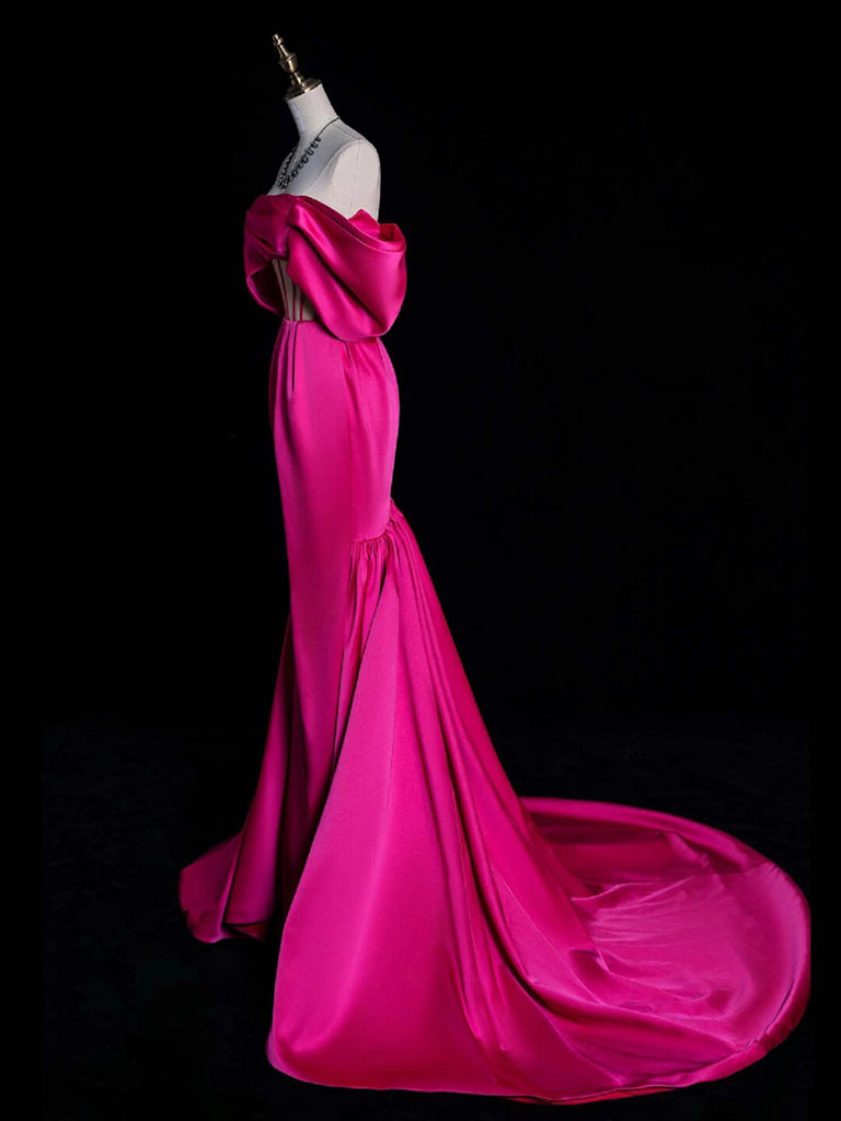 Simple Off Shoulder Satin Mermaid Rose Red Long Prom Dress, Rose Red Evening Dress