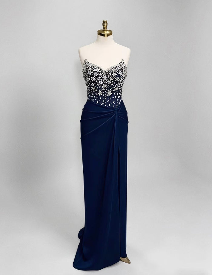 Mermaid V Neck Satin Dark Blue Long Prom Dress with Beads