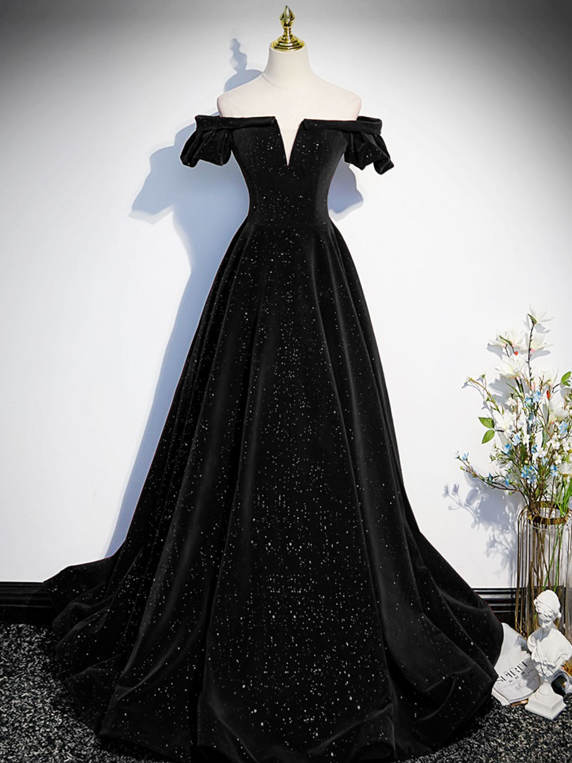 A-Line Off Shoulder Velvet Black Long Prom Dress, Black Formal Dress