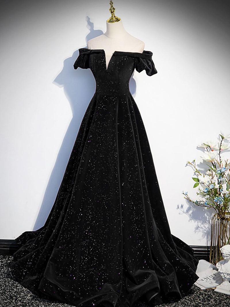 A-Line Off Shoulder Velvet Black Long Prom Dress, Black Formal Dress