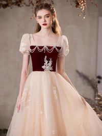 A-Line Tulle Champagne Long Prom Dress, Tulle Long Formal Dress with Beads