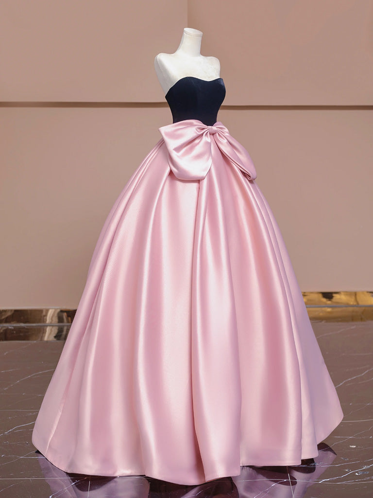 A-Line Velvet Satin Pink Long Prom Dress, Pink Long Formal Dress