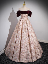 A-Line Printed Satin Floor Length Champagne Pink Prom Dress with Beads