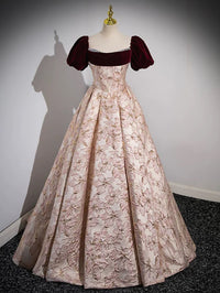 A-Line Printed Satin Floor Length Champagne Pink Prom Dress with Beads