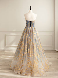 A-Line Tulle Lace Gold/Blue Long Prom Dresses, Tulle Lace Formal Dress