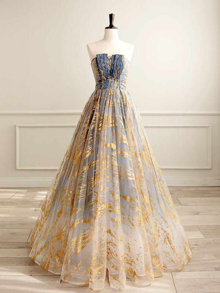 A-Line Tulle Lace Gold/Blue Long Prom Dresses, Tulle Lace Formal Dress
