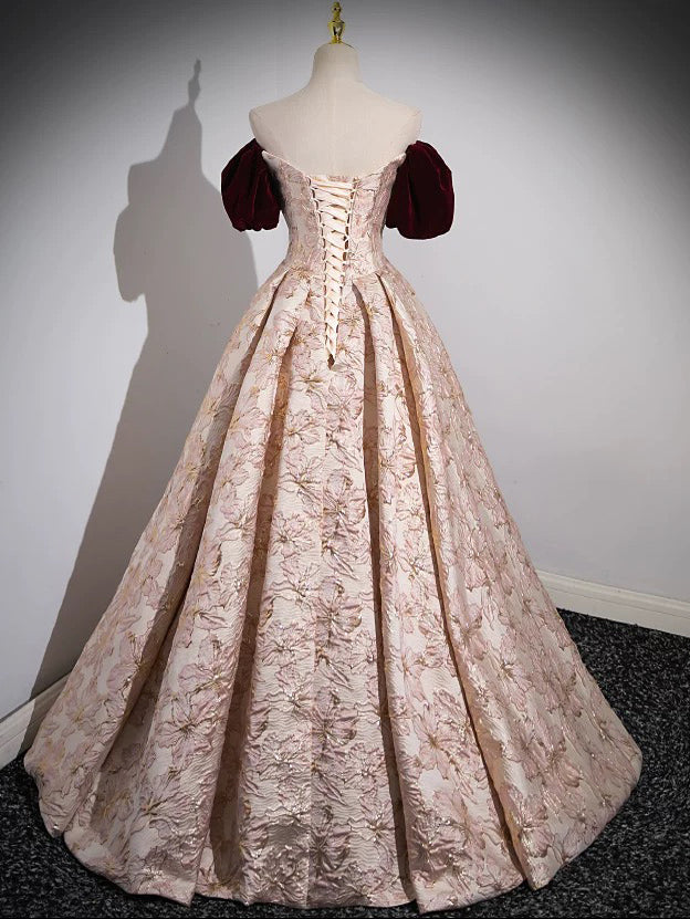 A-Line Printed Satin Floor Length Champagne Pink Prom Dress with Beads