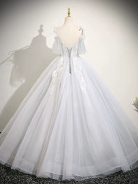 A-Line V Neck Tulle Lace Light Gray Long Prom Dress, Light Gray Long Formal Dress