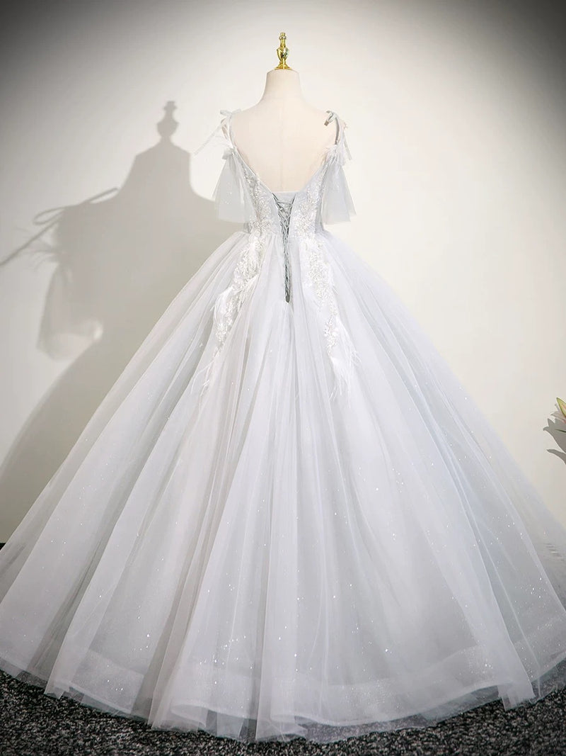 A-Line V Neck Tulle Lace Light Gray Long Prom Dress, Light Gray Long Formal Dress
