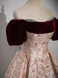 A-Line Printed Satin Floor Length Champagne Pink Prom Dress with Beads