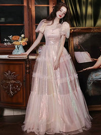A-Line Puff Sleeves Sequin Tulle Pink Long Prom Dress, Pink Long Formal Dress