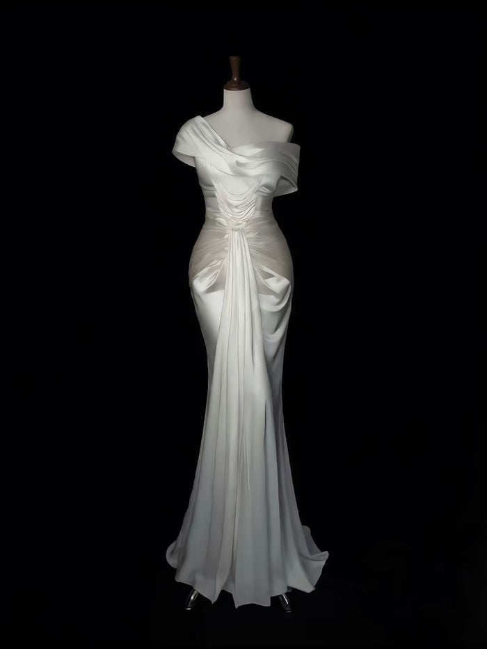 Mermaid Off Shoulder Satin White Long Prom Dress