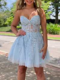 Blue Tulle Lace Short Prom Dress, A Line Cute Blue Homecoming Dress