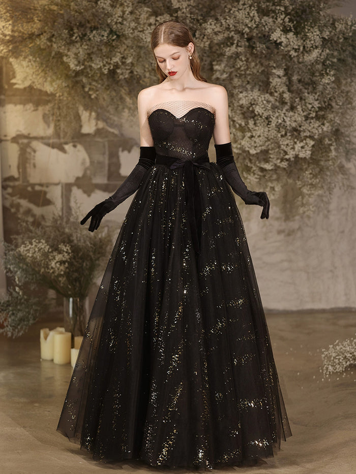 A-Line Tulle Sequin Black Long Prom Dress, Black Sequin Long Evening Dress