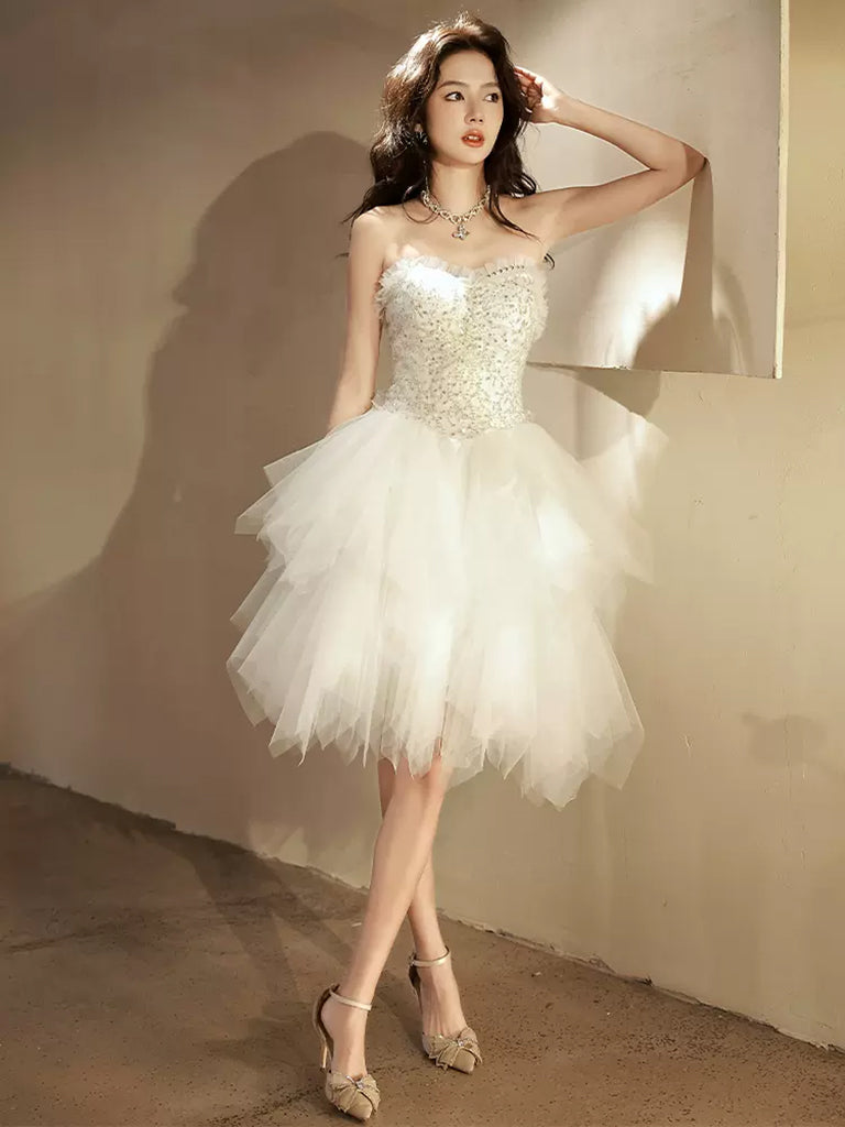 Beige Tulle Short Prom Dress, Sequin Tulle Cute Homecoming Dress toptby Beige Tulle Short Prom Dress, Sequin Tulle Cute Homecoming Dress toptby
