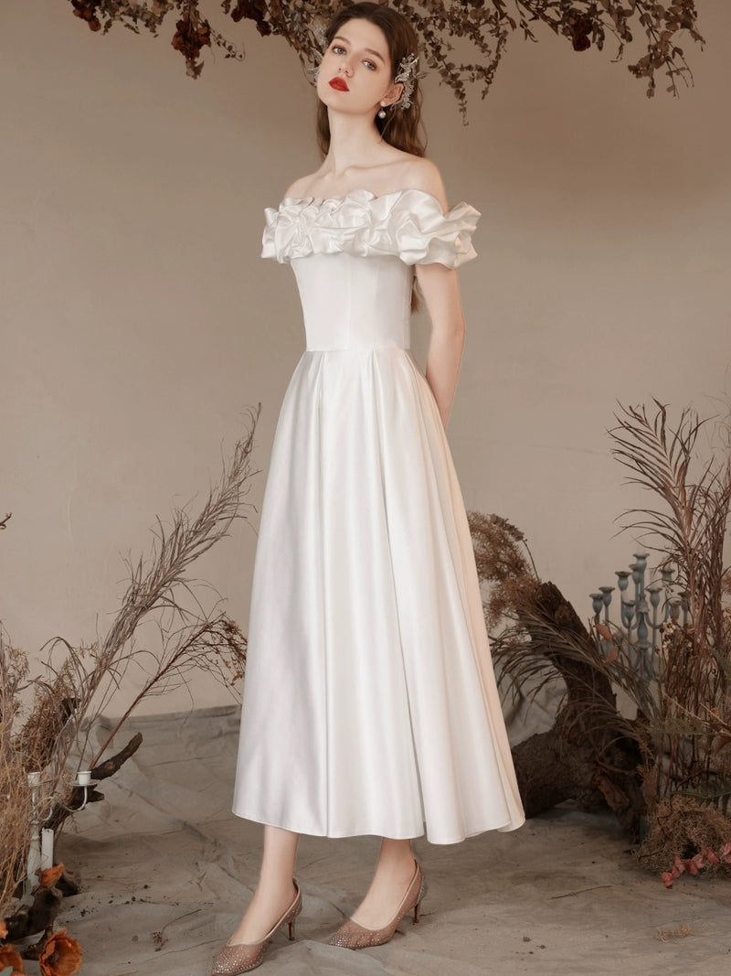 A-Line Off Shoulder Satin Tea Length White Prom Dress, White Formal Dress