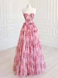 A-Line Floor Length Floral Pattern Pink Long Prom Dress
