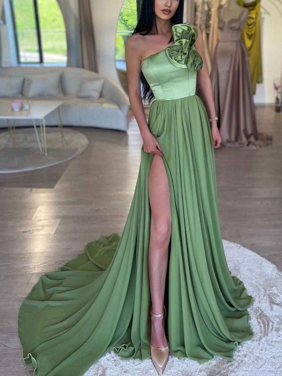 A-Line Chiffon/Satin Green Long Prom Dress, Green Formal Dress – toptby