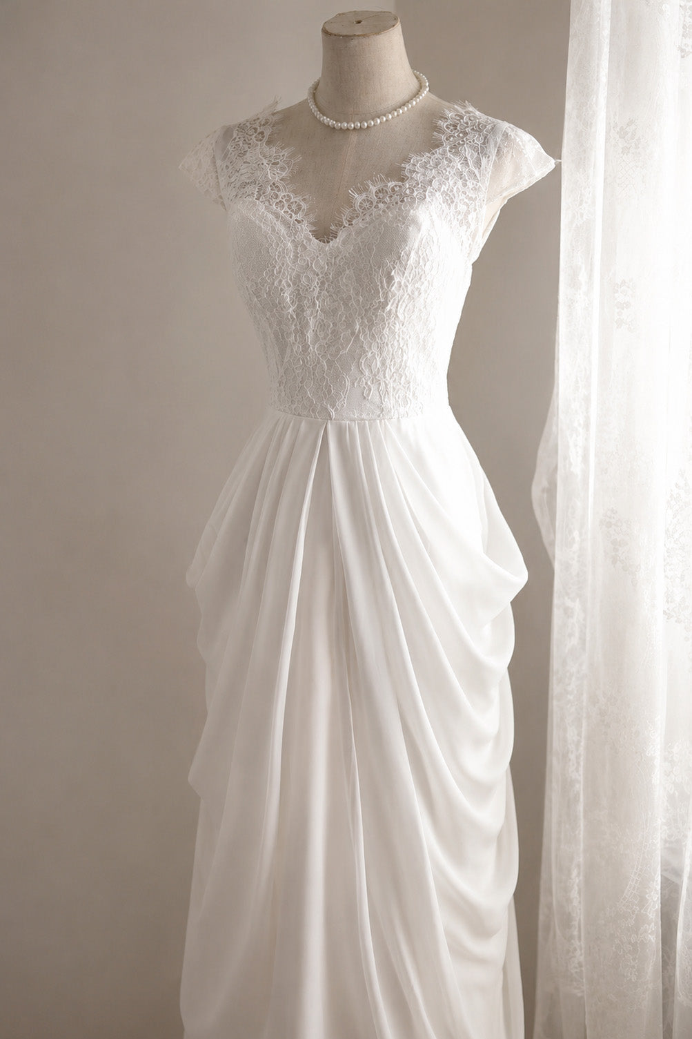 A-line V Neck Chiffon Lace ivory Long Party Bridesmaid Dress