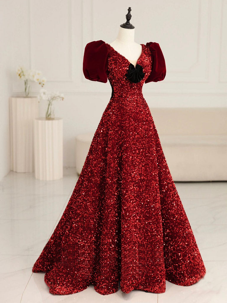 Burgundy V Neck Velvet Sequin Long Prom Dress, Burgundy Formal Dress