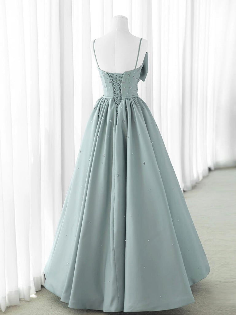 A-Line Sweetheart Neck Satin Beads Blue Long Prom Dress, Blue Formal Dress