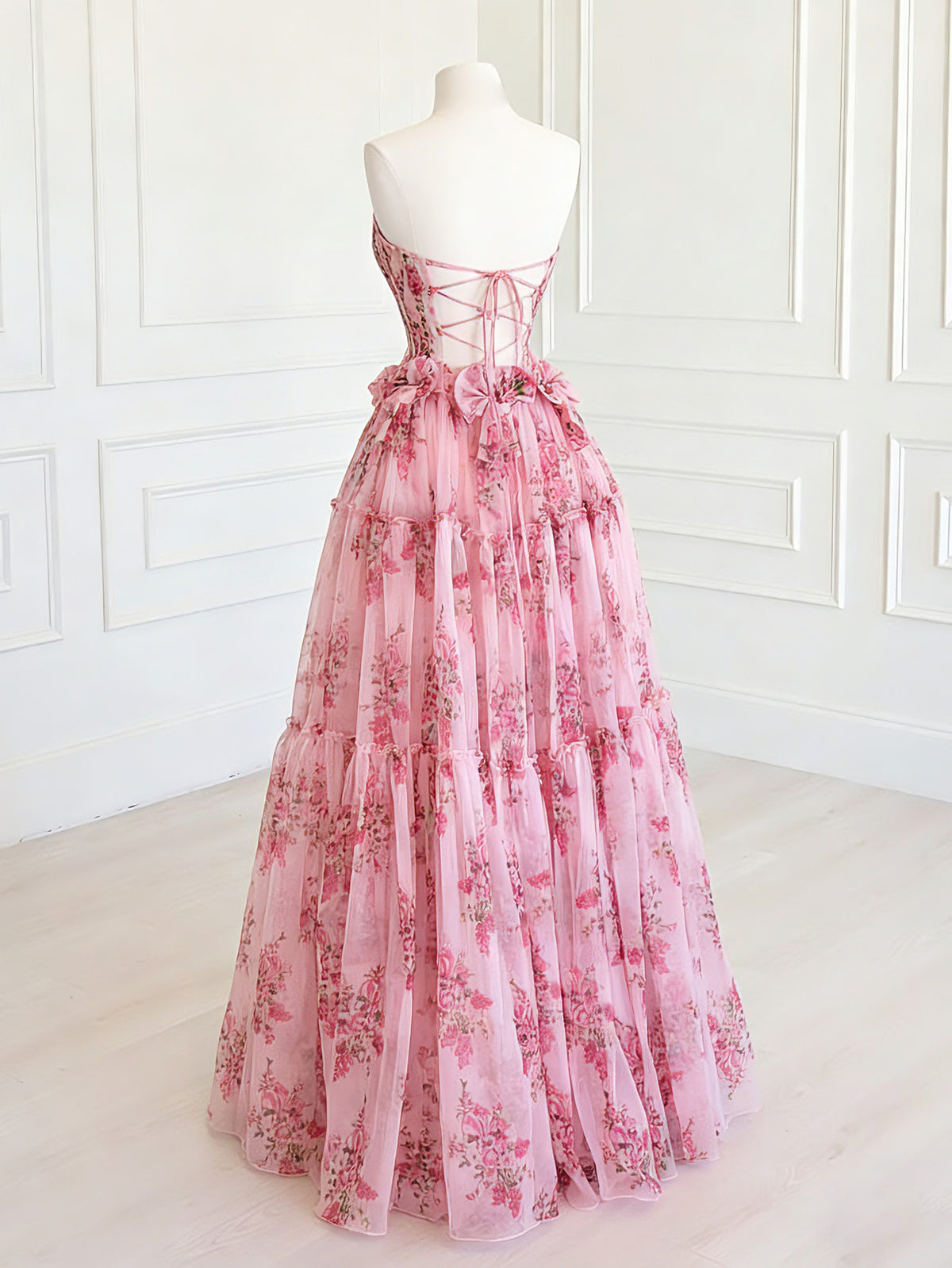 A-Line Floor Length Floral Pattern Pink Long Prom Dress